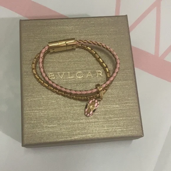 Bvlgari Snake Head Charm Metal Calfskin Bracelet Size 14.5cm - Picture 2 of 11